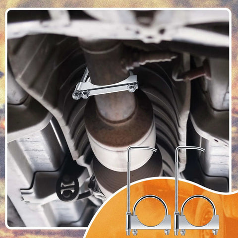 2.5 Inch Universal Exhaust Clamp With Hanger securing exhaust under car, heavy duty muffler hanger kit, galvanized steel clamp shown