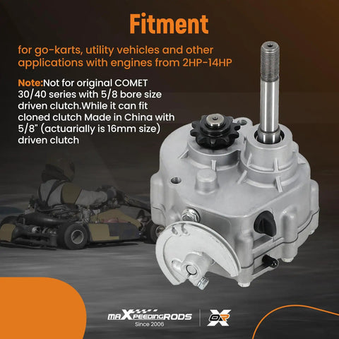Go Kart Forward Reverse Gearbox Kit For 212cc Engines with 30 Series Torque Converter, 12T/10T Sprockets, shown for utility vehicles.