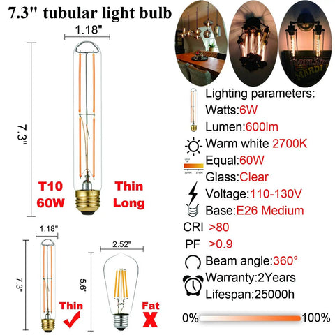 Dimmable E26 LED Bulb 6W Equal 60W, AC120V Warm White 2700K 600LM T10 Edison Style Light technical details and usage.
