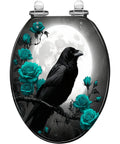 Elongated Toilet Seat Resin for Bathroom with black raven and teal roses design against a full moon backdrop.