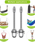 Rock Solid Heavy Duty Swing Hanger Kit With Ball Bearings For Porch And Patio Gliders displayed with various applications like swings, hammocks, and gym rings.