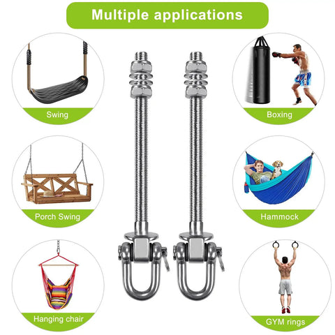 Rock Solid Heavy Duty Swing Hanger Kit With Ball Bearings For Porch And Patio Gliders displayed with various applications like swings, hammocks, and gym rings.