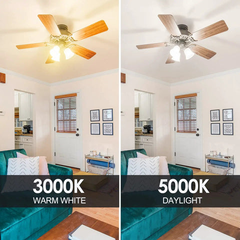 Room comparison showing lighting difference between 3000K warm white and 5000K daylight from 100W Equivalent A19 LED Light Bulb Daylight 5000K Bright White Non Dimmable E26 Base 1600 Lumens Instant On Energy Saving ETL Listed Long Lasting 15,000 Hour Life Ideal For Home Or Office 4 Pack
