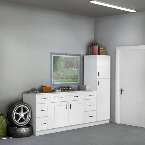Installed Brookings Shaker Bridge Wall Kitchen Cabinet W3012 30 W X 12 D X 12 H Painted White Solid Wood Ready To Assemble in garage.