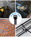 8 Inch Black Zip Ties Heavy Duty 50 Pound Tensile Strength 100 Pack Industrial Grade Cable Ties UV Resistant Nylon 66 For Home Garage Projects And Outdoor Use securing items indoors