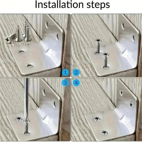 Installation steps for Heavy Duty L Shaped Shelf Brackets With Screws, showing screws and brackets on wood.