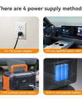 On-Demand Propane Camping Shower With Battery Powered Water Heater And Shower Pump, Smart Constant Temperature, 4000mAh Rechargeable Battery Delivers Up To 100 Minutes Of Hot Water, Simultaneous Use And Charging power supply options with DC 12V power adapter, car cable, power station, and rechargeable battery visible.