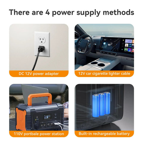 On-Demand Propane Camping Shower With Battery Powered Water Heater And Shower Pump, Smart Constant Temperature, 4000mAh Rechargeable Battery Delivers Up To 100 Minutes Of Hot Water, Simultaneous Use And Charging power supply options with DC 12V power adapter, car cable, power station, and rechargeable battery visible.