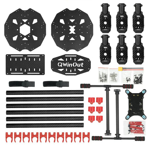 Components of 650mm Folding Carbon Fiber FPV Drone Frame Kit With Six Foldable Arms, Landing Gear Skid, 3K Pure Carbon Tubes, CNC Machined Quad Frame.