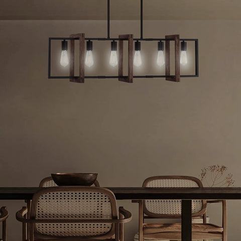 Farmhouse Rustic 6 Light Lantern Cage Chandelier Hand Painted Natural Walnut Wood With Black Finish in dining room