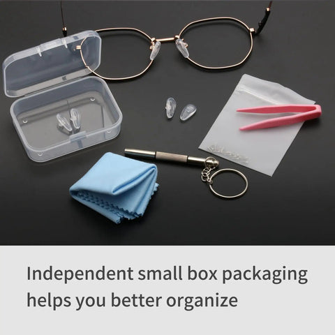 Super Comfy Air Chamber Nose Pads For Glasses With Grippy Silicone Pad Replacement and repair kit with transparent packaging.