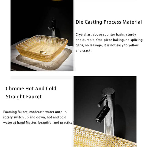 USZWBY Yellow Square Shape Tempered Glass Bathroom Vessel Sink with Waterfall Tap Modern Artistic Vessel Sink with Pop Up Drain, Counter Top Installation with crystal design and chrome faucet.
