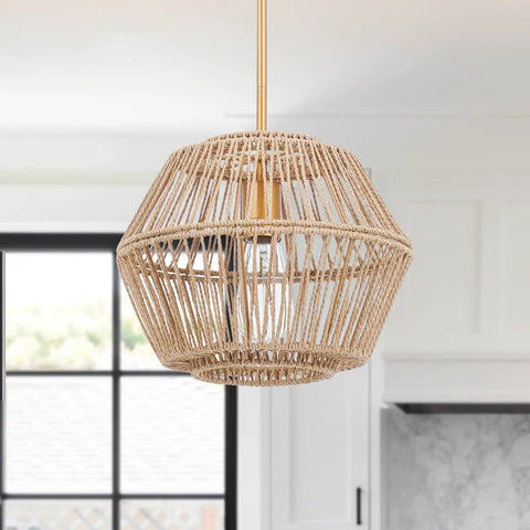 Rattan Pendant Light Fixture With Woven Abaca Rope Shade, Boho Chandelier Hanging Lamp, Natural Wood Gold Finish Accent for Bedroom, Dining Room, Kitchen Island, Entryway