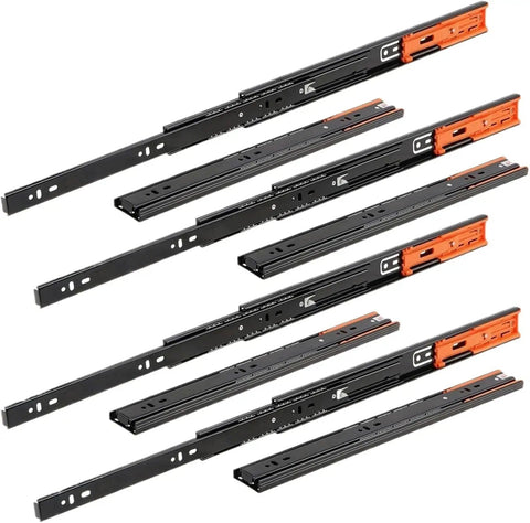 Pack of Three Section Buffer Drawer Slides For Cabinets With Smooth Glide And Soft Close In Black Bronze Finish displayed