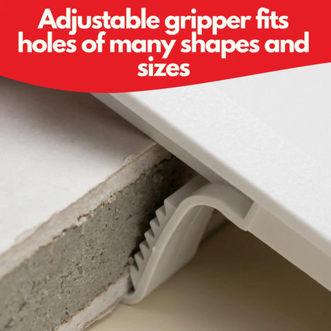 Adjustable gripper detail fitting various holes of 8X8 Inch White Plastic Spring Fit Access Panel With Self Expanding Grippers For Drywall Holes.
