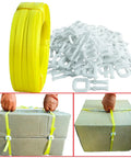 No Sweat Polypropylene Banding Strapping Kit With Dead Simple Dual Handle Packaging Tensioner, yellow strap and plastic buckles for DIY box binding.