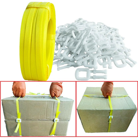 No Sweat Polypropylene Banding Strapping Kit With Dead Simple Dual Handle Packaging Tensioner, yellow strap and plastic buckles for DIY box binding.