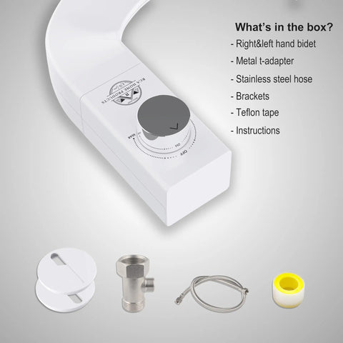 Ultra Slim Bidet Attachment With Switchable Left And Right Control And Dual Nozzles For Female And Posterior Cleaning Hinged Design Non Electric No Fuss Easy Install Fits Most Toilets Off White, showing installation kit components