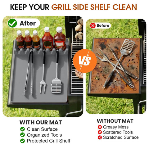 Silicone Grill Mats For Griddle Spatula Tool Mat With Drip Pad Side Shelf Pad showing clean and organized BBQ setup vs messy one.