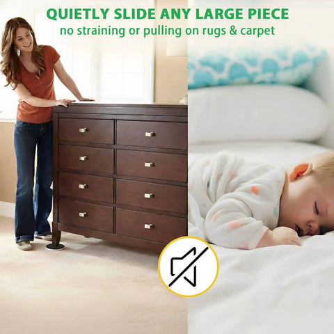 Woman using Eight Pack Extra Large Furniture Sliders For Carpet And Hardwood Floors to move a dresser on carpet.