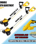 4 In 1 Cordless Grass Trimmer And Brush Cutter For 20V Battery Systems showing adjustable shaft lengths, no battery included