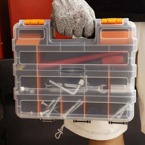 Person holding Grab And Go Double Sided Tool And Hardware Storage Box With Removable Dividers Portable Small Parts Organizer