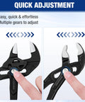 Two Piece Pliers Wrench And Groove Joint Pliers Set With Quick Adjustment, CR-V Steel, Smooth Jaw, and V-Jaw close-up view