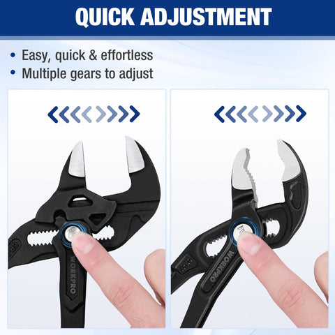 Two Piece Pliers Wrench And Groove Joint Pliers Set With Quick Adjustment, CR-V Steel, Smooth Jaw, and V-Jaw close-up view