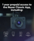 Close-up of wireless car cam showing features like parking mode and GPS detection. GPS Dash Cam With 32GB Card Included, Unlimited Cloud Storage.