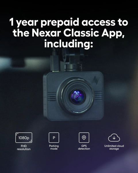 Close-up of wireless car cam showing features like parking mode and GPS detection. GPS Dash Cam With 32GB Card Included, Unlimited Cloud Storage.
