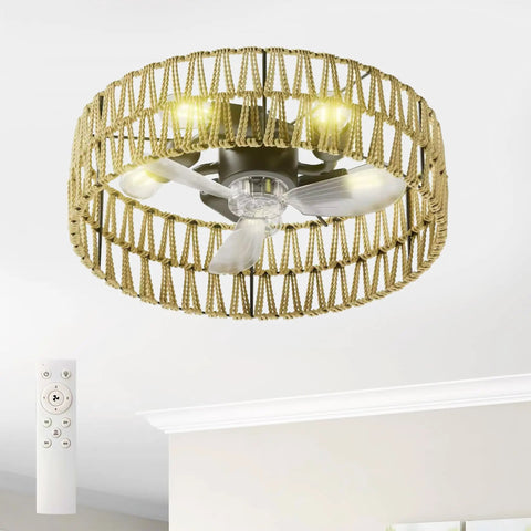 Geelife 3 Pc Ceiling Fan with Remote Control Low Profile Flush Mount, White, featuring a modern wicker design and clear blades.