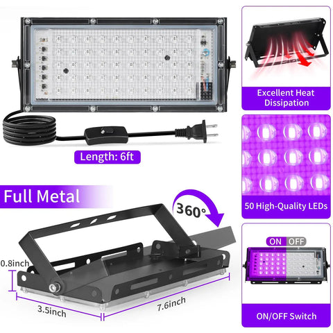 50W LED Black Lights With Switch And Plug Two Pack IP66 Waterproof For Indoor And Outdoor Glow Creates Realistic Fluorescent Effects With 385 To 400 Nanometer Light Party Ready Glow For Parties Venues And Home Rooms Up To 10x10 Feet. black light lamp with 6ft cord, metal bracket, and 50 LEDs