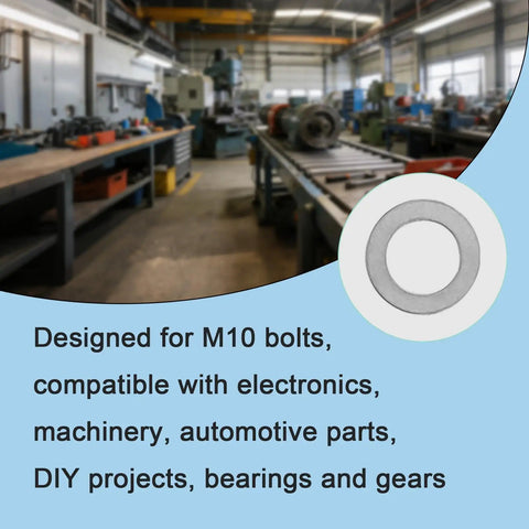 48 Pack M10 X 16 Millimeter 304 Stainless Steel Shim Washers And Precision Thin Spacers for machinery in workshop setting.
