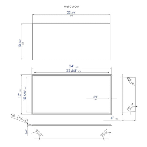 Technical design for Polished Stainless Steel Horizontal Bath And Shower Niche 24 X 12, Fully Finished, Ready To Mount, No Tile Labor, Sleek Stainless Shelf Behind Shower Wall, Budget Friendly Upgrade For A Clean Modern Look, showing precise dimensions and wall cutout requirements.