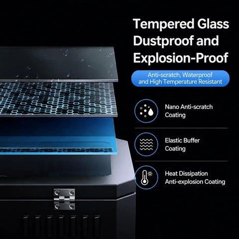 Tempered glass layers of the Built Like A Tank Ev Charger Enclosure showcasing dustproof, waterproof features for outdoor use.