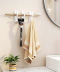 Heavy Duty Adhesive Wall Hooks 13Lb Aluminum No Damage To Wall Four Pack holding razor and towel in bathroom