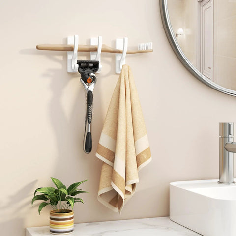 Heavy Duty Adhesive Wall Hooks 13Lb Aluminum No Damage To Wall Four Pack holding razor and towel in bathroom