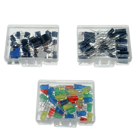 Assorted electronic components in transparent boxes from Totally Solid Electronics Component Kit With Power Supply Module And Jumper Wires, 480 Pcs