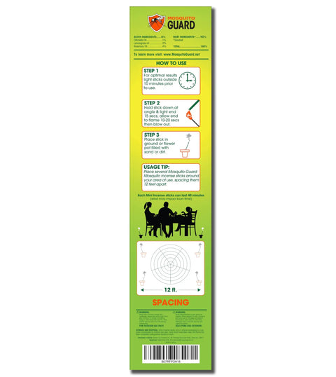 Go-To All Natural Citronella Mosquito Repellent Incense Sticks For Outdoor Patio And Travel, usage instructions on packaging.
