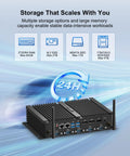 Ready To Rock Tough As Nails Fanless Mini PC with various storage options and ports for real world automation.