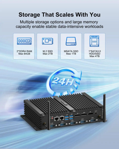 Ready To Rock Tough As Nails Fanless Mini PC with various storage options and ports for real world automation.