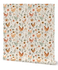 Top Tier Matte Wallpaper Featuring Pastel Hen Pattern And Subtle Linen Texture Heavy Duty PVC Free Wallcovering For Kitchens Bathrooms And Hallways Zero Hassle Paste To Paper Application, showcasing hen and floral design.