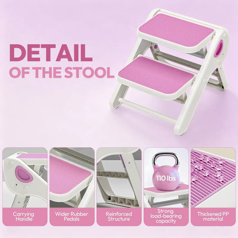 Detail of Top Shelf Folding Toddler Step Stool Built Solid For Your Little Munchkins, pink, lightweight, non-slip, supports 110 lbs.