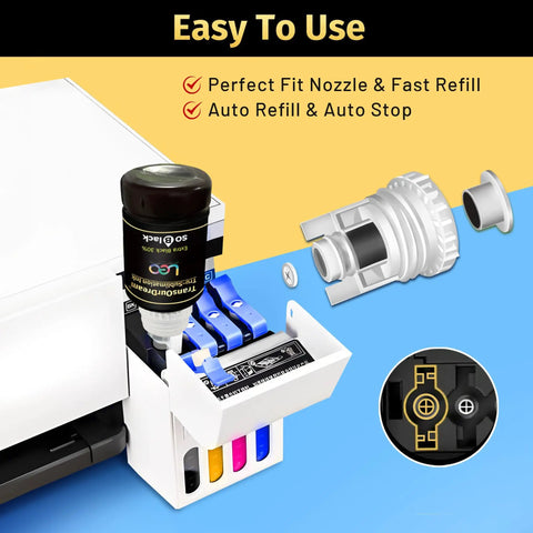 Sublimation Ink 337ML Autofill Bottles For Epson EcoTank Printers ET 2400 2720 2760 2750 4800 2800 2803 2850 Great For Mugs And T Shirts Heat Transfer in use with a printer showing auto refill feature.
