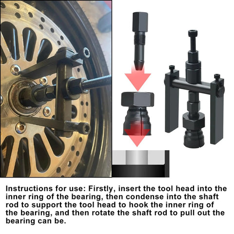 12 Piece Motorcycle Blind Inner Bearing Puller Kit With Slide Hammer And Collets 8mm To 25mm shown in use on motorcycle wheel