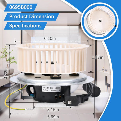 Powerful Yet Quiet Bathroom Fan Motor Replacement for QT80 Series 120V AC 60Hz 1400 RPM 9.5W 0.27A CW Rotation dimensions