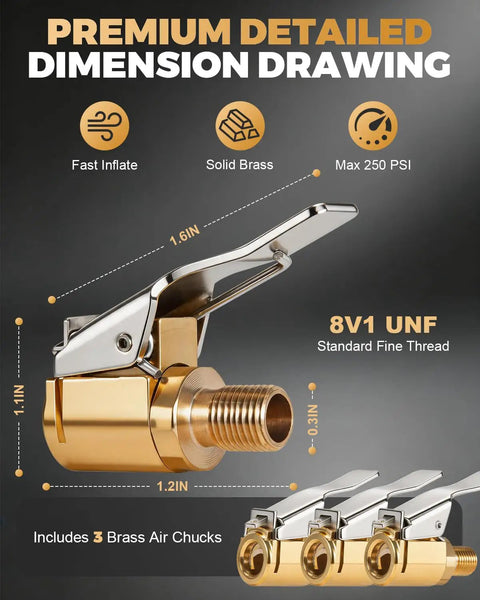 Dimension drawing of 3 Pack Brass Tire Air Chuck With 8mm Threaded Male Lever Lock Inflator Hose Adapter Clip On Connector