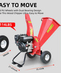 Heavy Duty Wood Chipper Shredder Mulcher With 7HP 212cc Gas Power, side view, showing wheels and chute, dimensions included