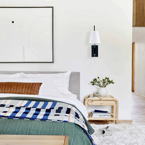 Hardwired Sconce Set of 2 for Bedside Wall Mount With Pull Chain next to bed with white fabric shade and cozy decor