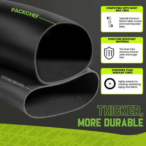 Heavy Duty Fat Tire Inner Tube 20x4.0 for E Bikes and Mountain Bikes with Schrader Valve 32mm, thicker material comparison.
